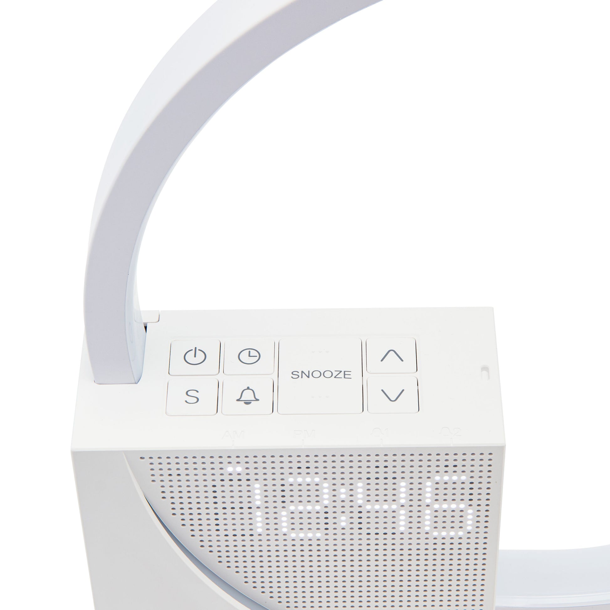 Rubicson Wake-up light vækkeur med natlampe, digital urtal, knapper til power, snooze, alarm og lydstyrke set oppefra.