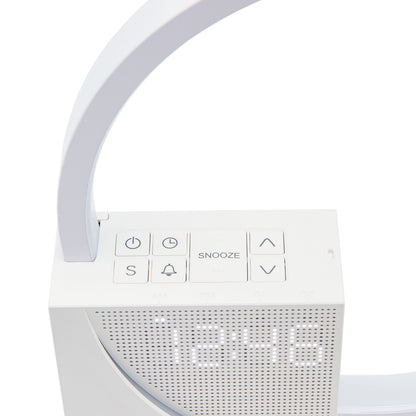 Rubicson Wake-up light vækkeur med natlampe, digital urtal, knapper til power, snooze, alarm og lydstyrke set oppefra.