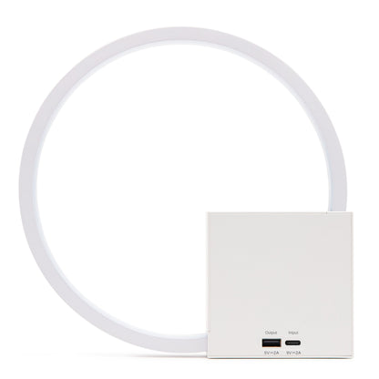 Rubicson Wake-up light vækkeur med natlampe, hvid cirkulær LED-lampe, simuleret solopgang, hvid powerbank med USB-porte.