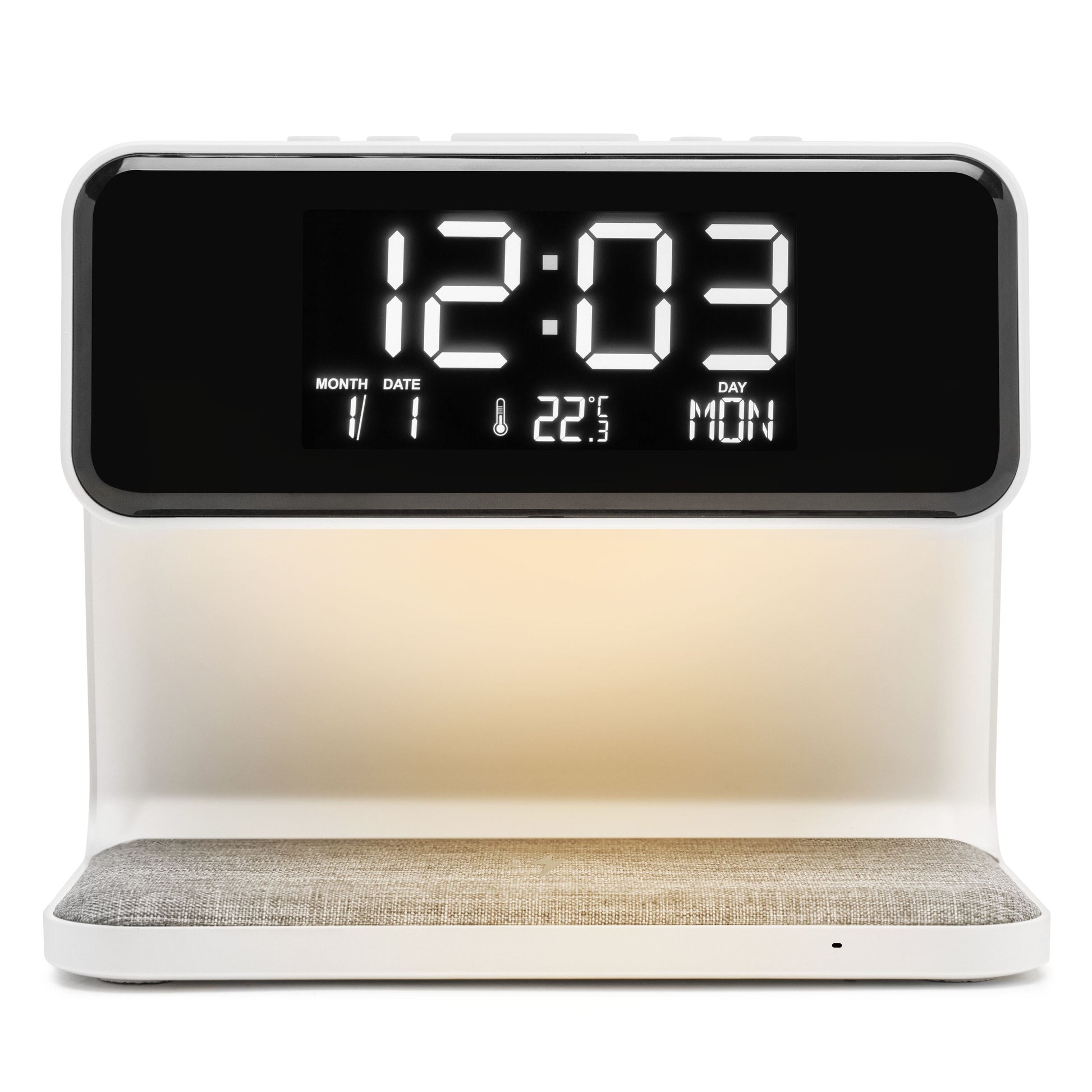 Rubicson vækkeur med dobbelt alarm, stort display med tid/dato/temperatur/ugedag, hvid med grå stofbase, Qi trådløs opladning.