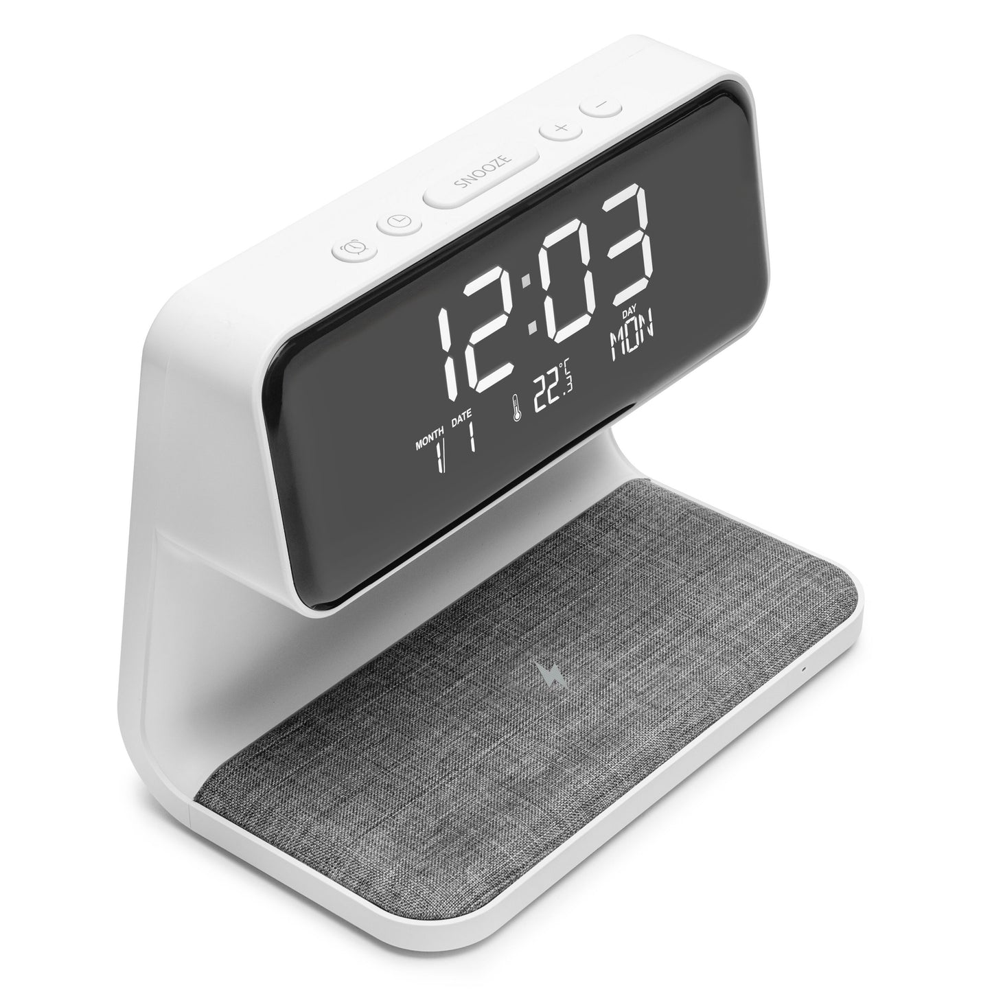Rubicson vækkeur grå stofbase dobbelt alarm stort LED-display med tid, dato, temperatur, ugedag og Qi-oplader-symbol.