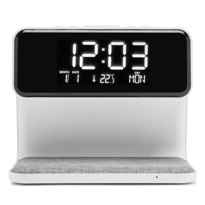 Rubicson vækkeur med trådløs Qi-opladning, dobbelt alarm, stort display, hvid krop og grå stofbase.