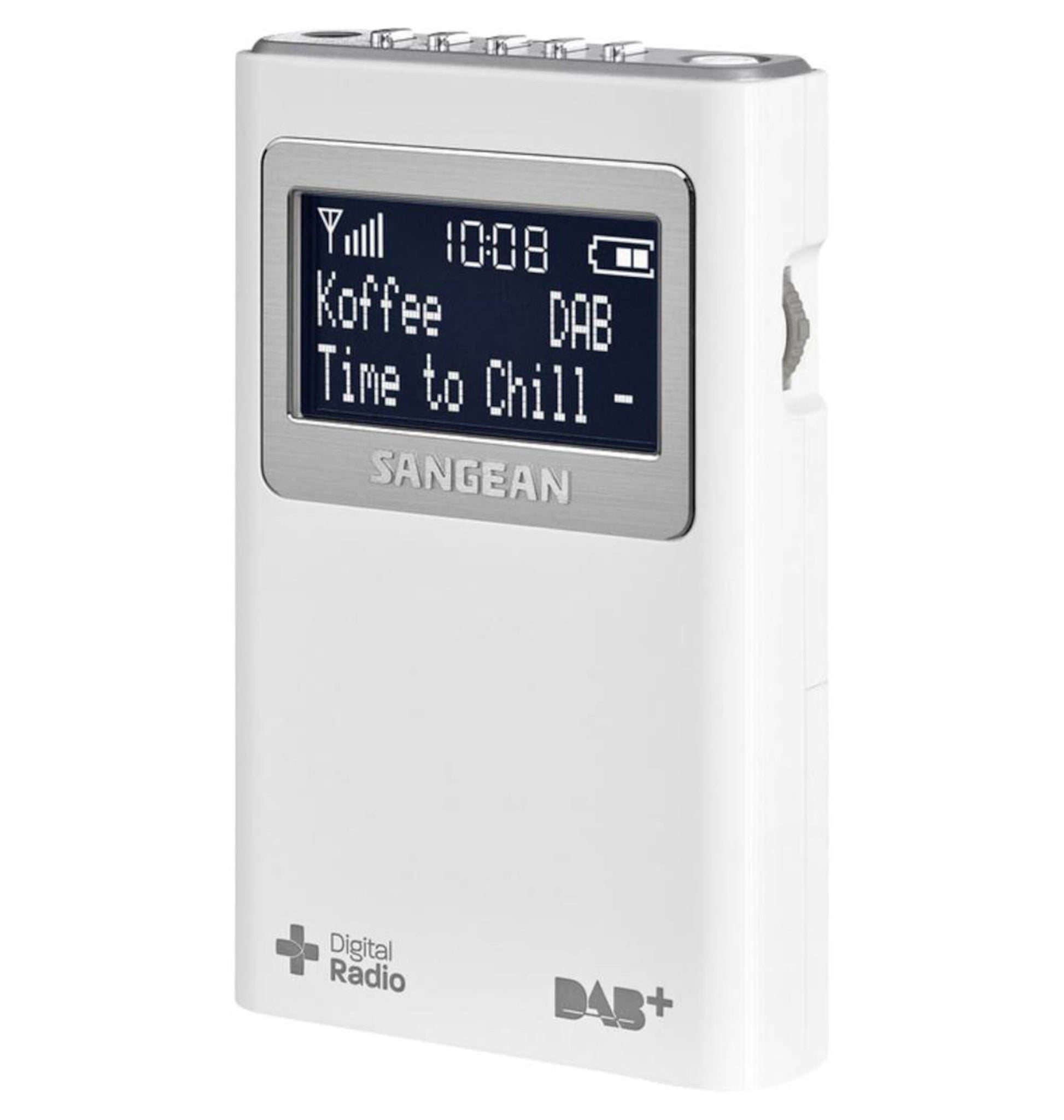 Sangean DPR-39 DAB+ radio hvid, viser tid, signal og sanginfo på display, knapper på toppen, DAB+/Digital Radio logo foran.