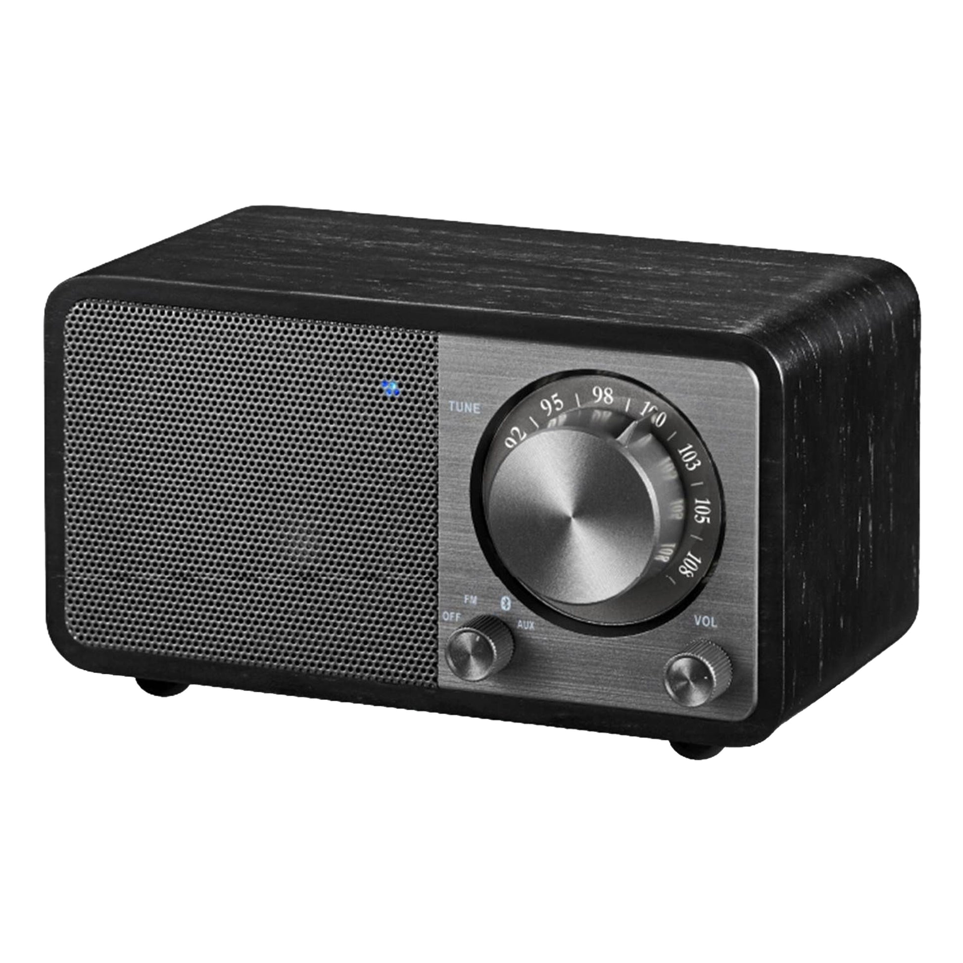 Sangean WR-7 PLUS FM-radio Midnight Oak sort trækabinet, stor sølvfarvet tuningknap, lille volumeknap, front gitterhøjtaler.