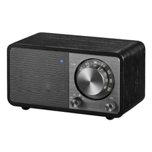 Sangean WR-7 PLUS FM-radio Midnight Oak sort trækabinet, stor sølvfarvet tuningknap, lille volumeknap, front gitterhøjtaler.