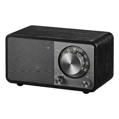 Sangean WR-7 PLUS FM-radio Midnight Oak sort trækabinet, stor sølvfarvet tuningknap, lille volumeknap, front gitterhøjtaler.