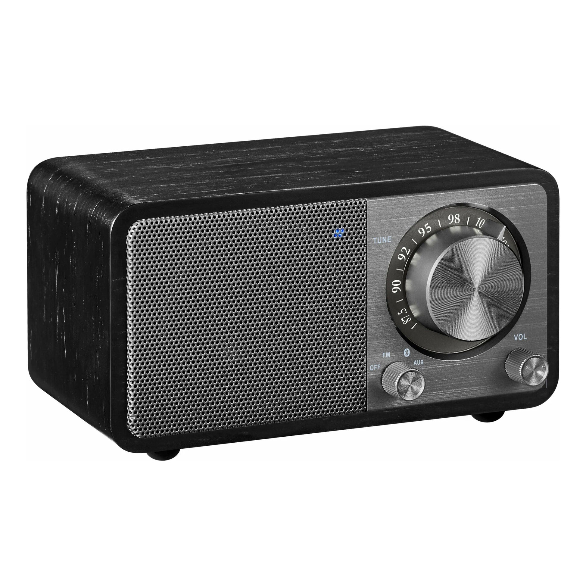 Sangean WR-7 PLUS FM-radio Midnight Oak, sort trælook, sølv højttalergitter og knapper, stor tuner og Bluetooth.