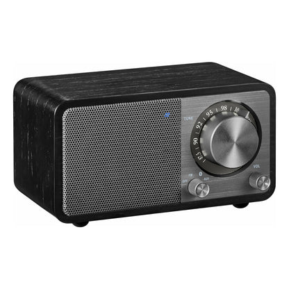 Sangean WR-7 PLUS FM-radio Midnight Oak, sort trælook, sølv højttalergitter og knapper, stor tuner og Bluetooth.