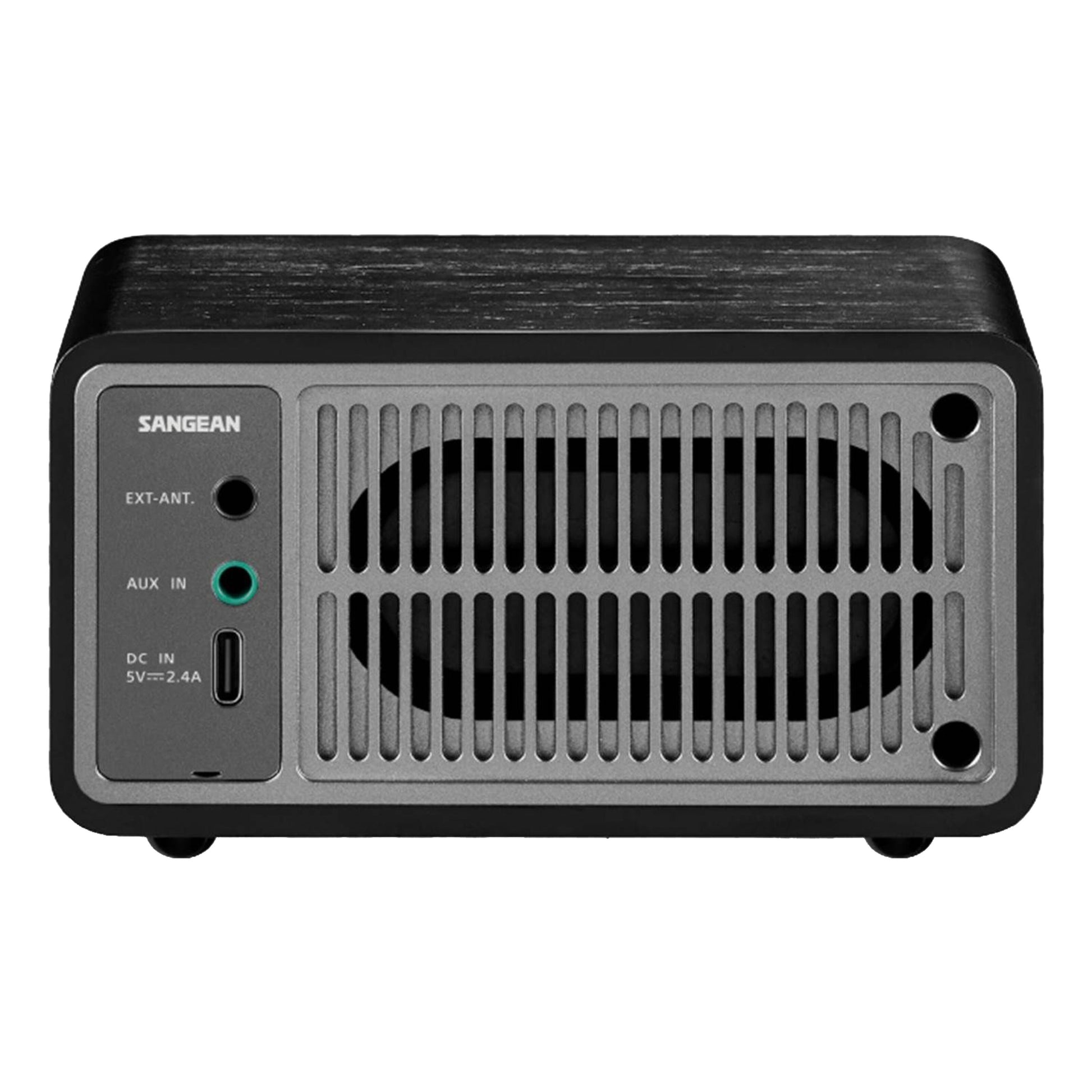Sangean WR-7 PLUS Midnight Oak FM-radio, sort træ, grå front, Bluetooth, aux-indgang, antenneport, DC strømindtag.