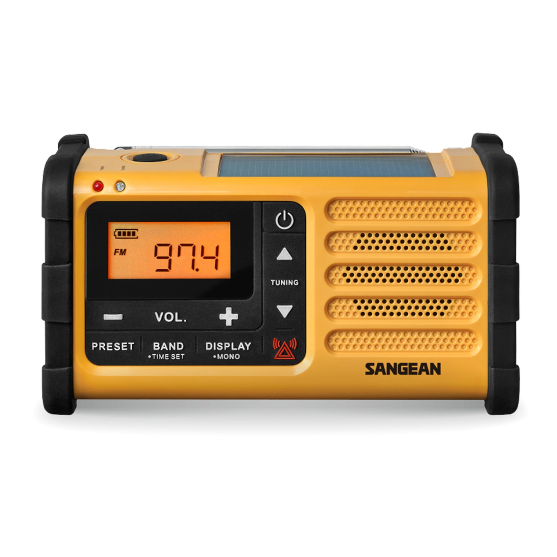 Sangean gul håndsvingradio FM USB-C, sorte kanter, LCD-display, tuning- og lydstyrkeknapper, højttalergrill, solpanel.