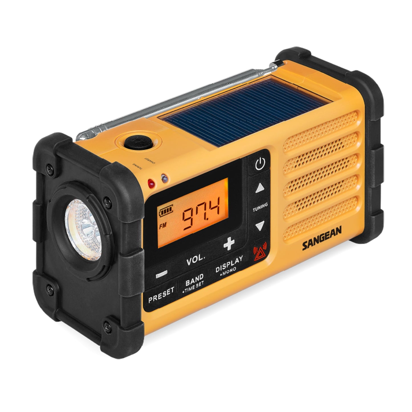 Sangean gul håndsvingradio til FM, USB-C, solpanel, håndsving, forlygge, digitalt display 97.4 FM og kontrolknapper.