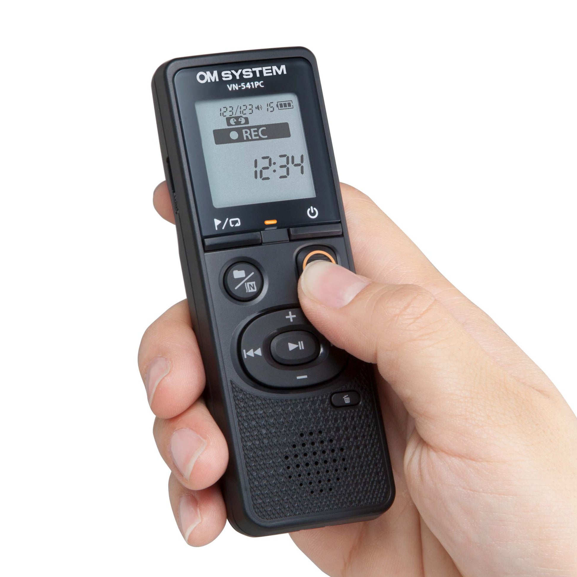 Om System VN-541 PC diktafon sort, rund optageknap trykkes ned, display viser REC og 12:34 optagetid.
