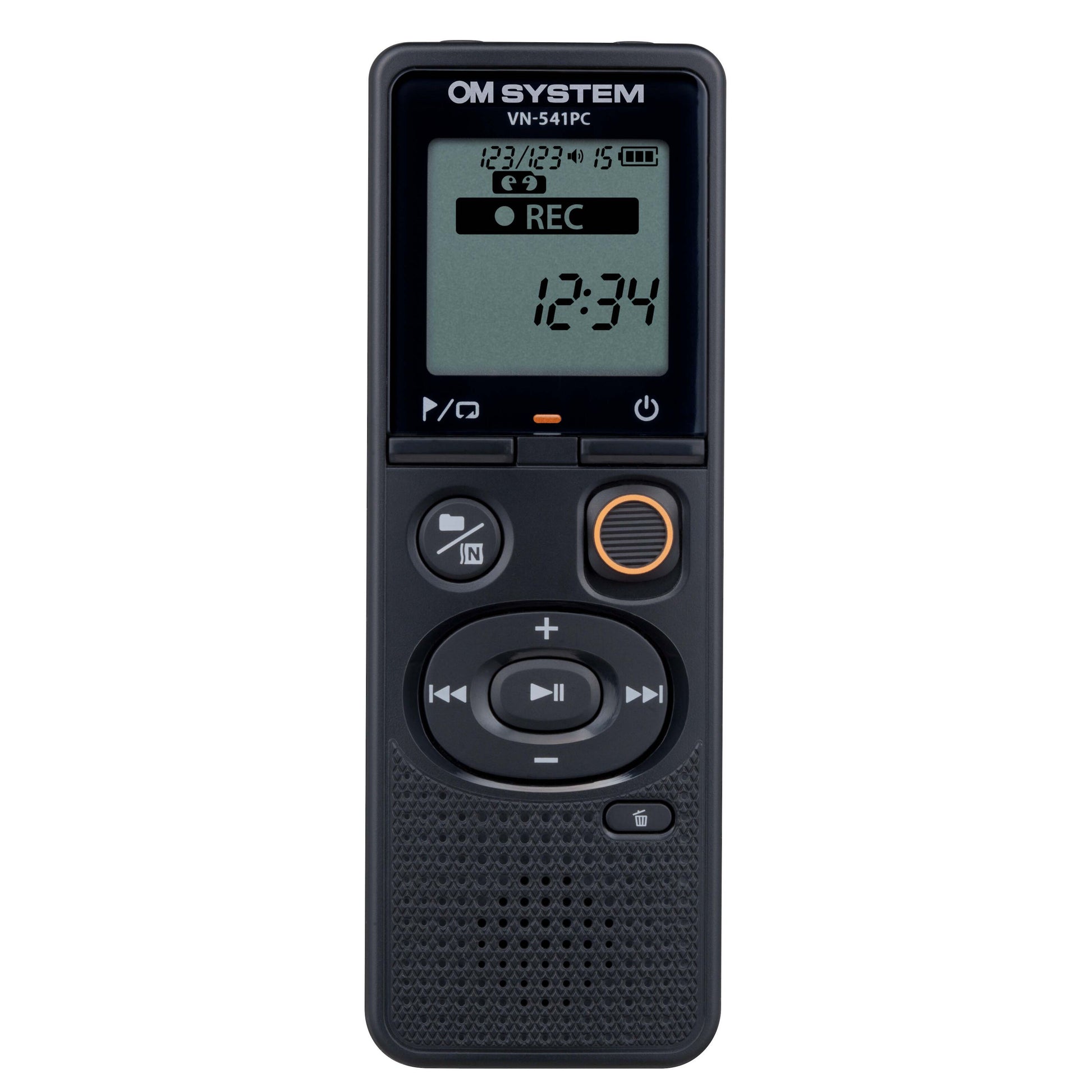 OM SYSTEM VN-541PC diktafon med LCD-skærm, visning af optagelsestid, batteriniveau, knapper til afspilning og optagelse.