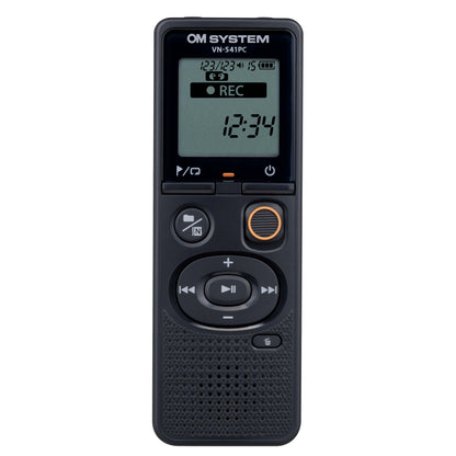 OM SYSTEM VN-541PC diktafon med LCD-skærm, visning af optagelsestid, batteriniveau, knapper til afspilning og optagelse.