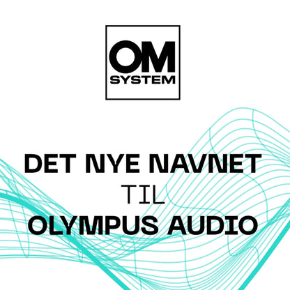OM System logo, dansk tekst "DET NYE NAVN TIL OLYMPUS AUDIO", VN-541 PC diktafon fremhævet med optagelsestid.