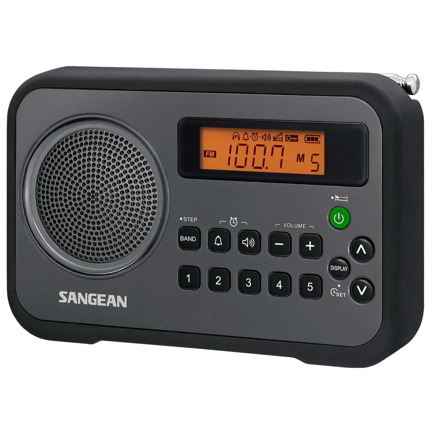 The Sangean PR-D18 FM-radio med digital tuner - Sort features a black and gray design, display with FM 100.7 MHz, speaker on the left, tuning/volume/settings buttons on the right, and an extendable antenna.
