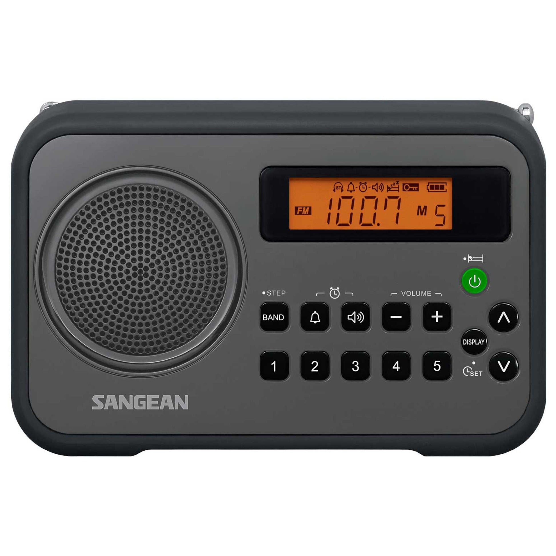 The Sangean PR-D18 FM-radio med digital tuner - Sort features a black and gray design, display showing FM 103.7 MHz, round left speaker, and buttons for AM/FM selection, tuning, volume, presets og vækkeur under displayet.