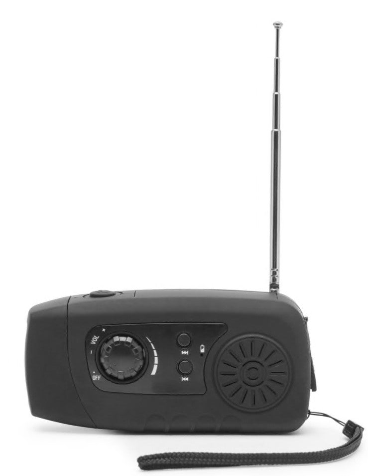Rubicson nødradio med håndsving 2.000 mAh sort, sølv antenne, højttaler, kontrolknapper og håndledsrem.