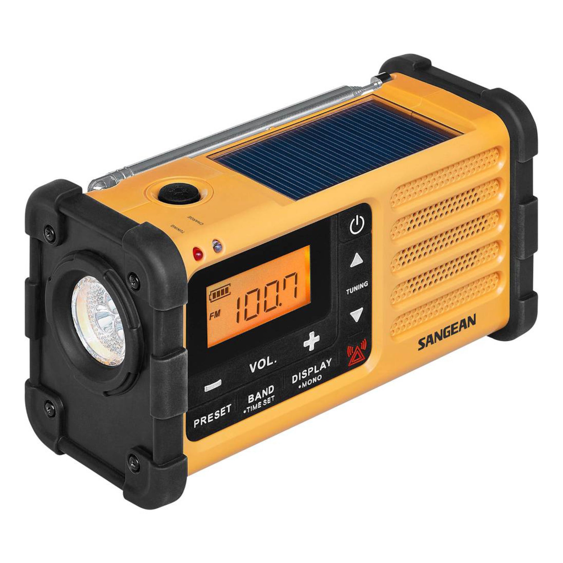 Sangean Vrid gul FM-nødradio med lommelygte, solopladning, tuning/volumeknapper, digitalt display, sort hjørnebeskyttelse.