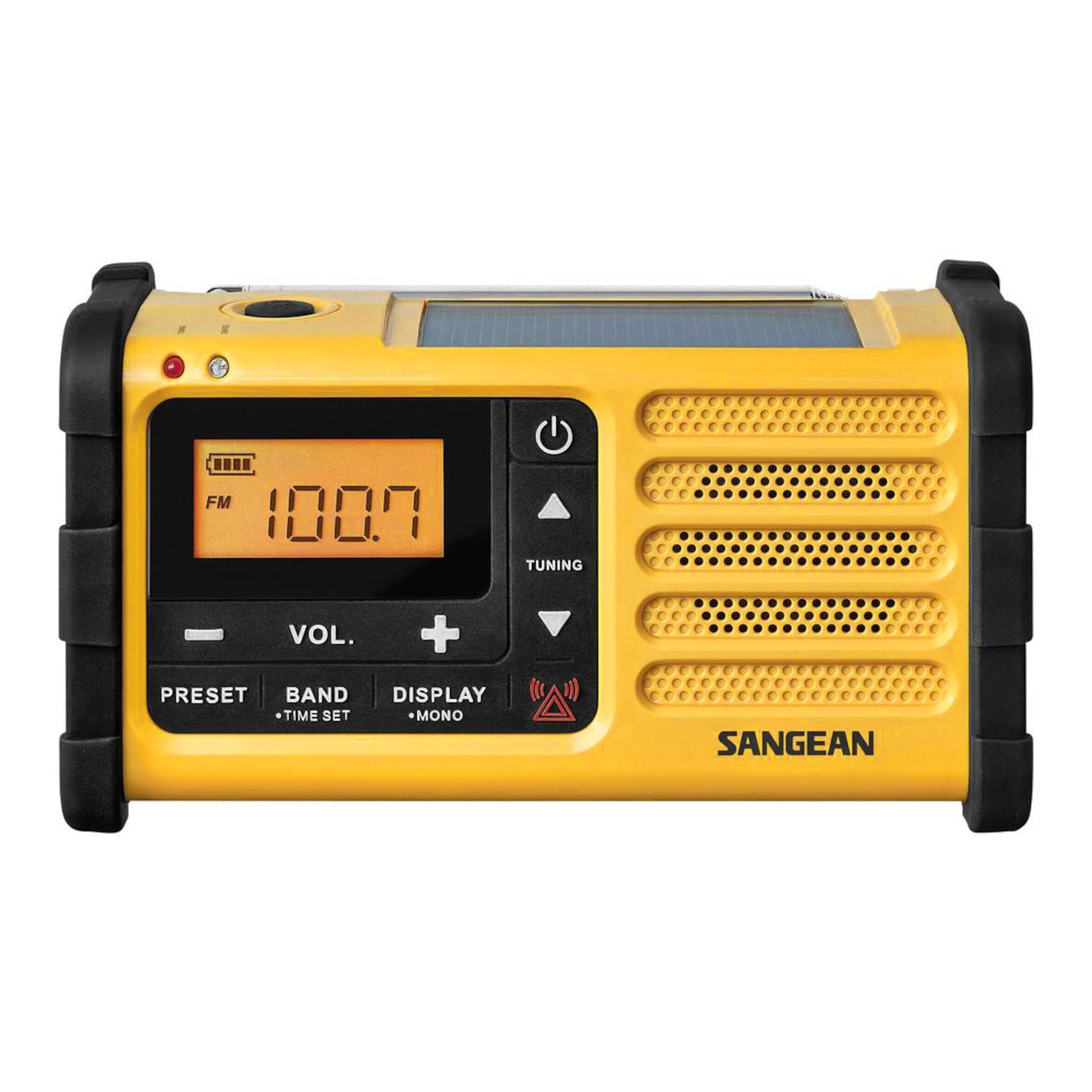 Sangean FM-radio, gul, digitalt display FM 100.7, tuning/volumeknapper, indbygget højtaler, solpanel, sorte hjørner.