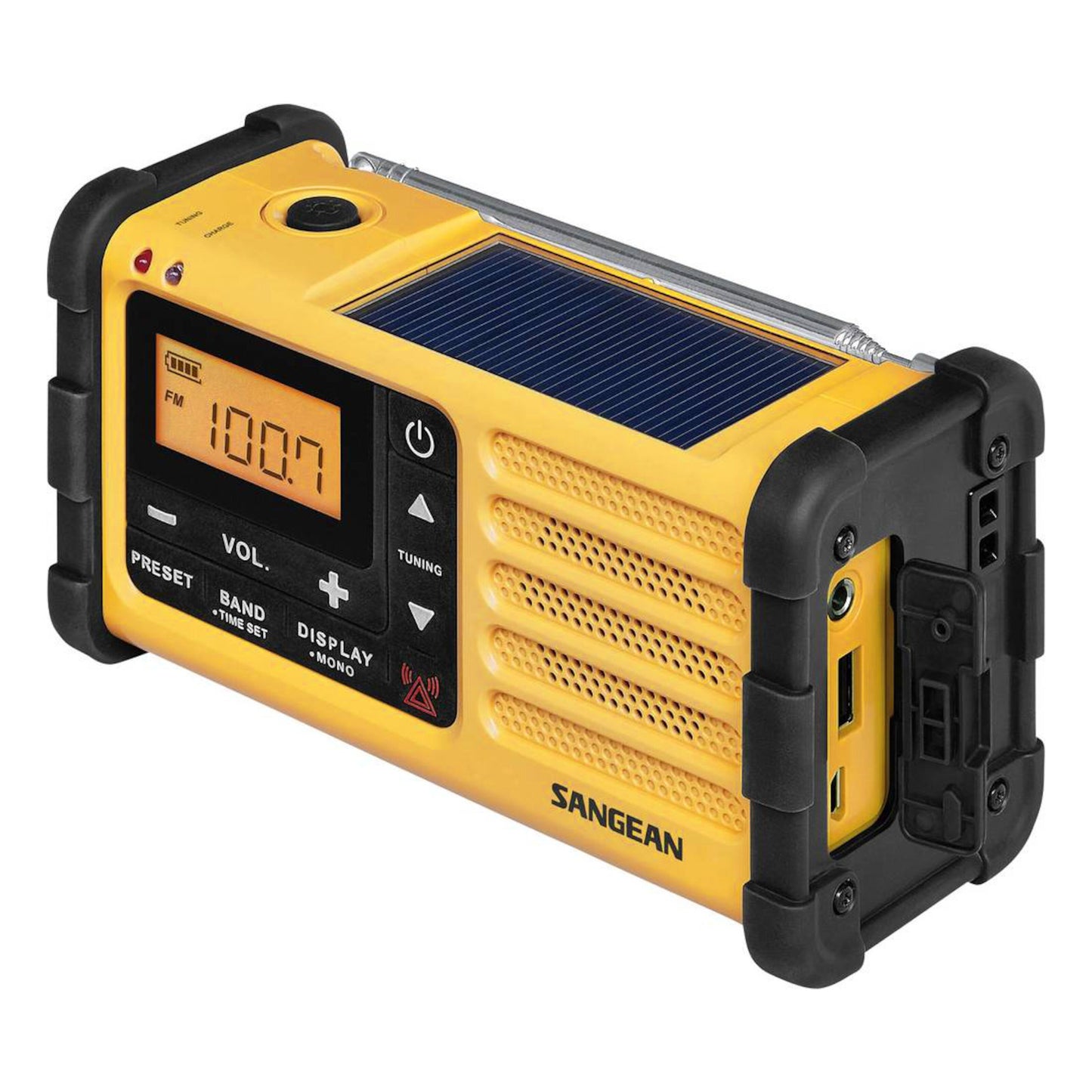 Sangean Vrid FM-radio gul/sort, digital display på 100.7 FM, dynamoopladning, solpanel top, USB porte, robuste hjørner.