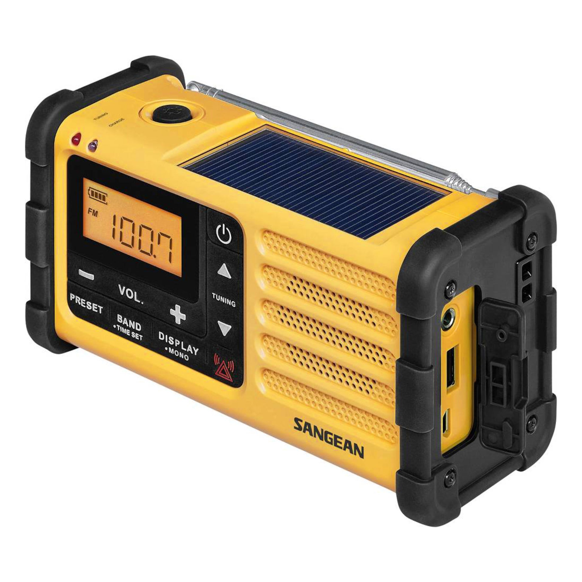 Sangean Vrid FM-radio gul/sort, digital display på 100.7 FM, dynamoopladning, solpanel top, USB porte, robuste hjørner.