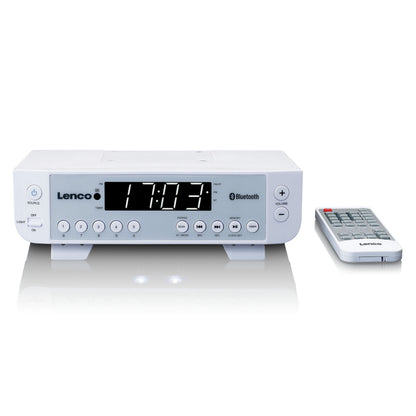 Lenco KCR-100 køkkenradio Bluetooth hvid, viser 17:03, FM-radio, med tilhørende fjernbetjening.