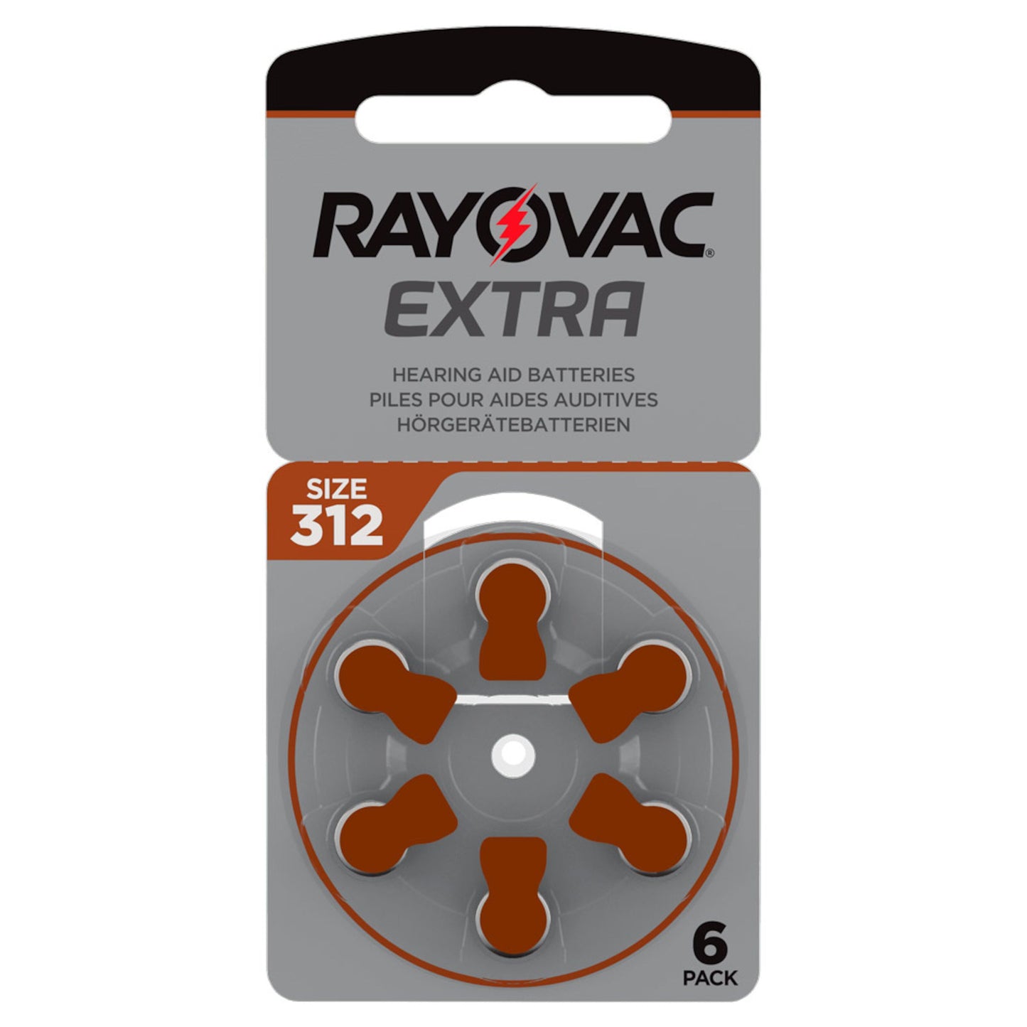 Rayovac høreapparatbatterier ZA312 brun 6-pak zink-luft batterier i pakning.