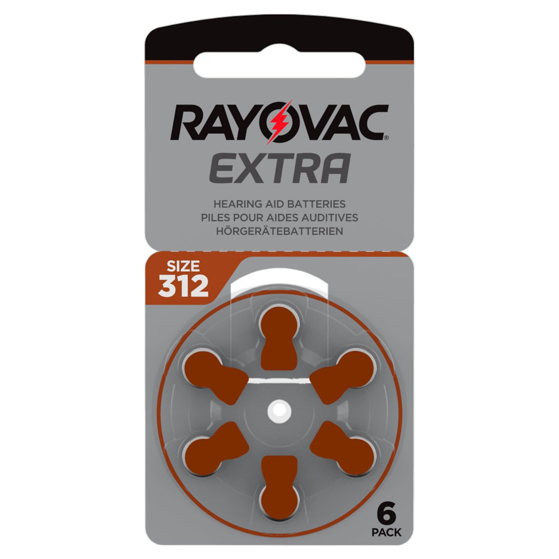 Rayovac høreapparatbatterier ZA312 brun 6-pak zink-luft batterier i pakning.
