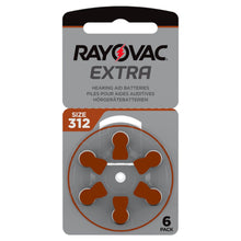 Rayovac høreapparatbatterier ZA312 brun 6-pak zink-luft batterier i pakning.