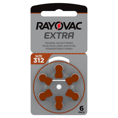 Rayovac høreapparatbatterier ZA312 brun 6-pak zink-luft batterier i pakning.