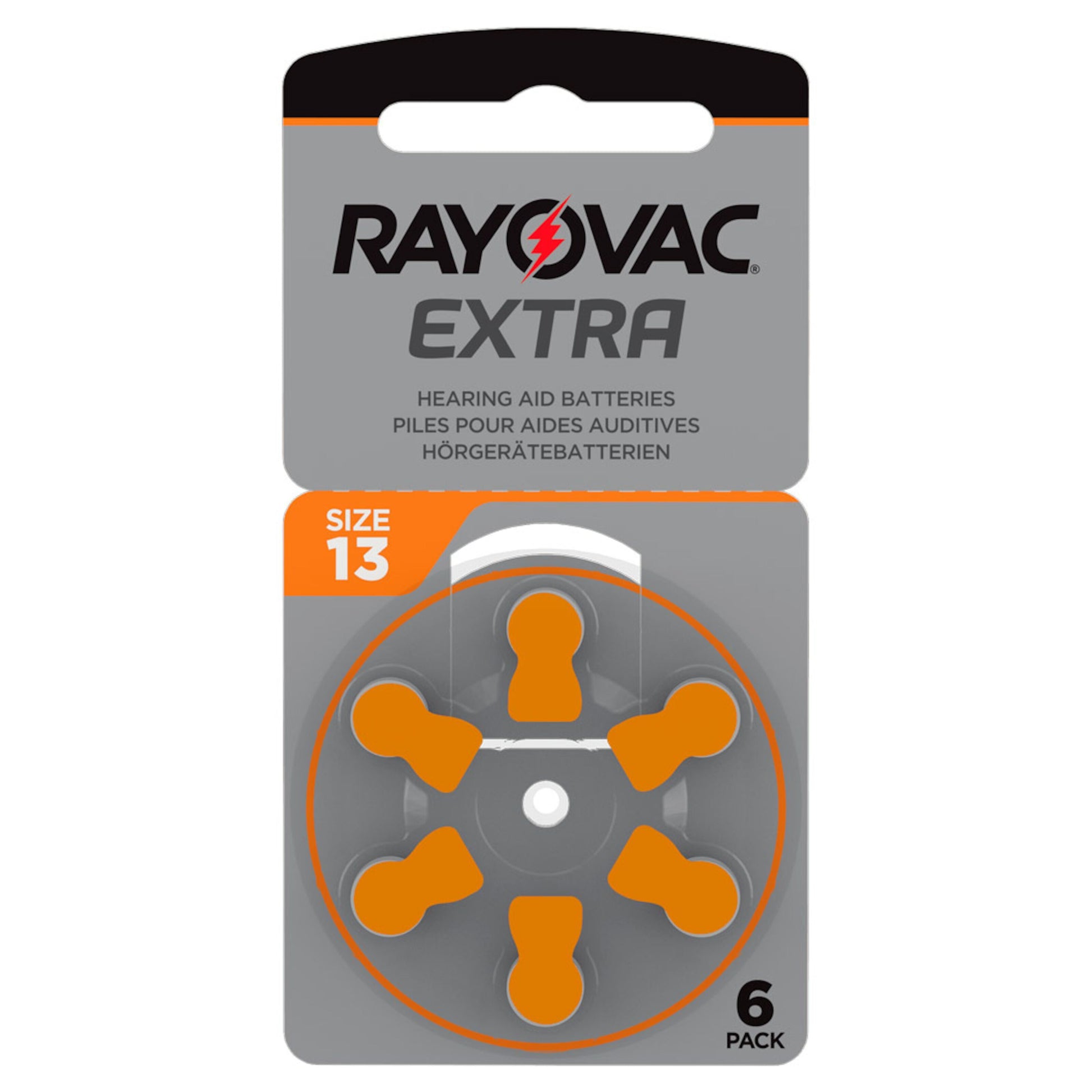 Rayovac høreapparatbatterier ZA13, størrelse 13, zink-luft, orange faner, 6 stk i rund klar plastpakke.
