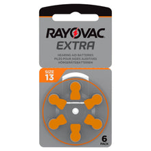 Rayovac høreapparatbatterier ZA13, størrelse 13, zink-luft, orange faner, 6 stk i rund klar plastpakke.