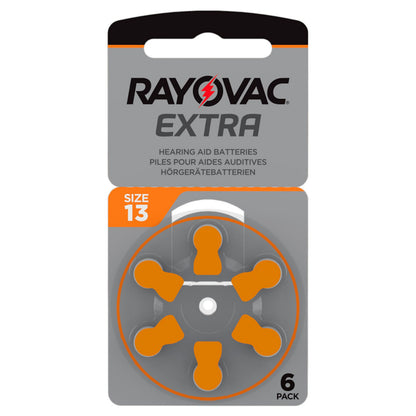Rayovac høreapparatbatterier ZA13, størrelse 13, zink-luft, orange faner, 6 stk i rund klar plastpakke.