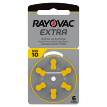 Rayovac ZA10 høreapparatbatterier gul, 6 stk zink-luft med gule blæsere i rund holder, grå-gul emballage.