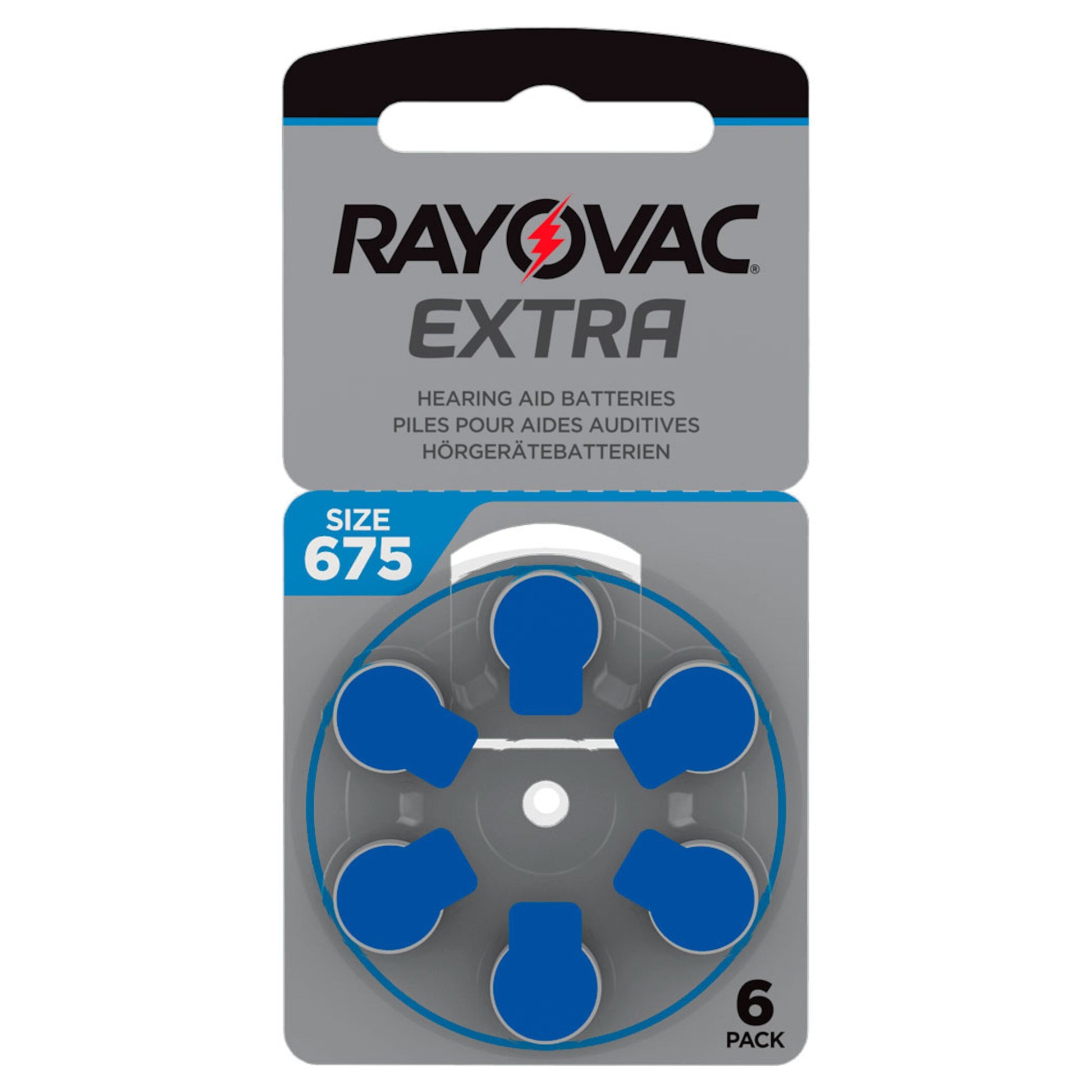 Rayovac Høreapparatbatterier Blå 675P 6-pack, zink-luft, rund blå dispenser i grå og blå emballage.