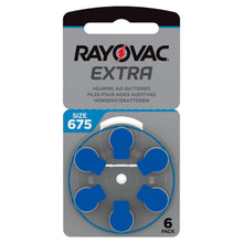 Rayovac Høreapparatbatterier Blå 675P 6-pack, zink-luft, rund blå dispenser i grå og blå emballage.