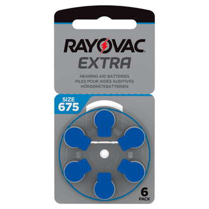 Rayovac Høreapparatbatterier Blå 675P 6-pack, zink-luft, rund blå dispenser i grå og blå emballage.