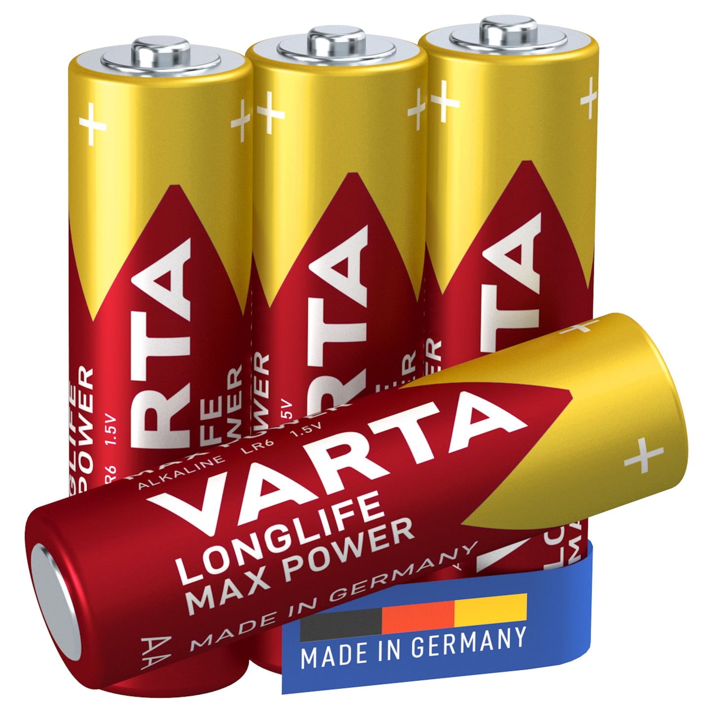 Varta Longlife Max Power AA batterier, 4 stk, rødt/gult design med alkaline og tysk produktion på etiketten.