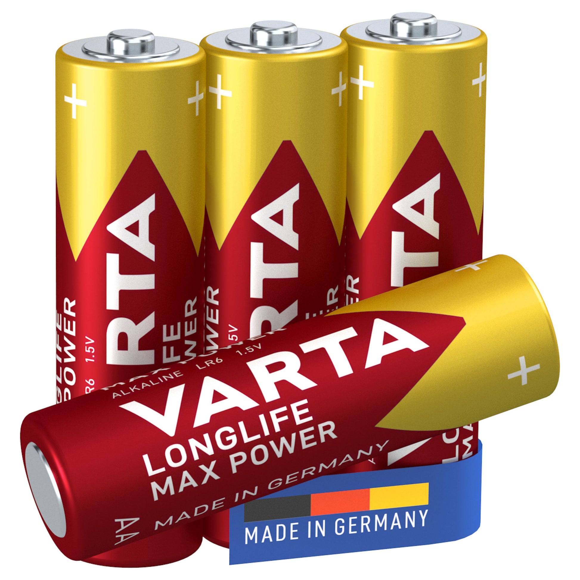 Varta Longlife Max Power AA batterier, 4 stk, rødt/gult design med alkaline og tysk produktion på etiketten.