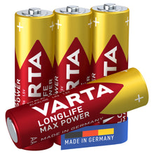 Varta Longlife Max Power AA batterier, 4 stk, rødt/gult design med alkaline og tysk produktion på etiketten.