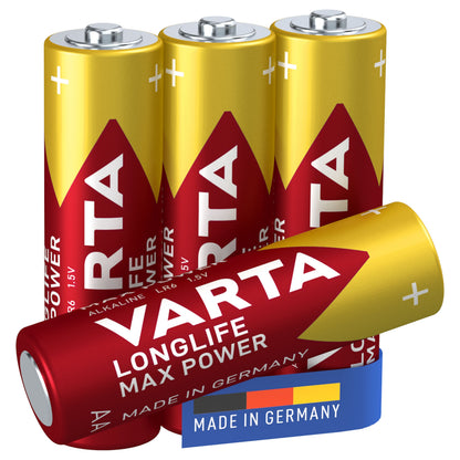 Varta Longlife Max Power AA batterier, 4 stk, rødt/gult design med alkaline og tysk produktion på etiketten.