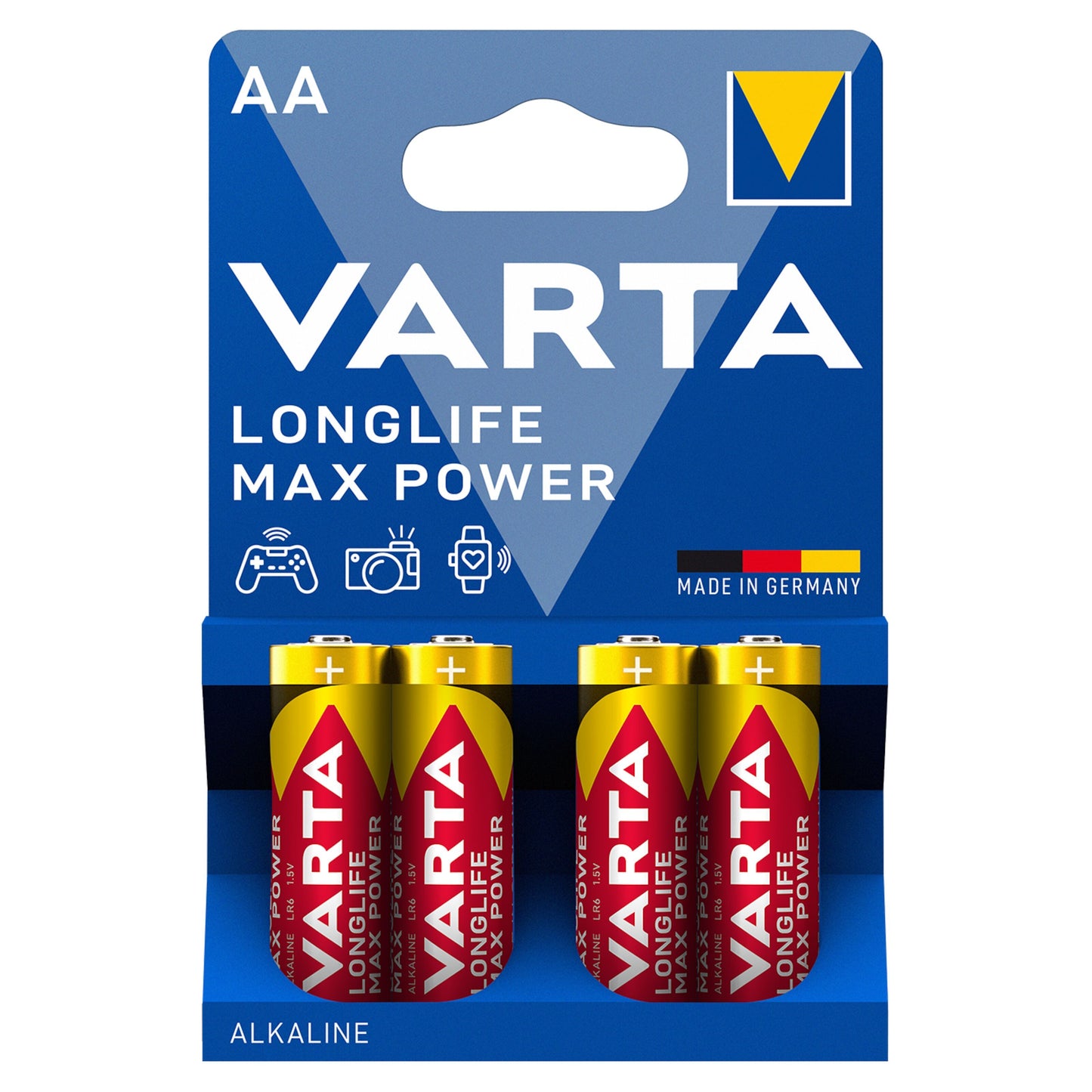 Varta Longlife Max Power AA-batterier 4-pak i blå/gul emballage med ikoner til spil, kamera, fjernbetjening og "Made in Germany.