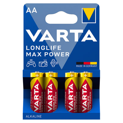 Varta Longlife Max Power AA-batterier 4-pak i blå/gul emballage med ikoner til spil, kamera, fjernbetjening og "Made in Germany.