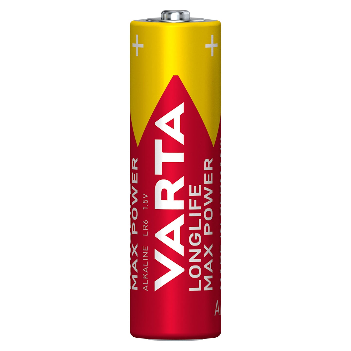 Varta Longlife Max Power AA batterier 4-pak LR6 1,5V i rød og gul emballage.