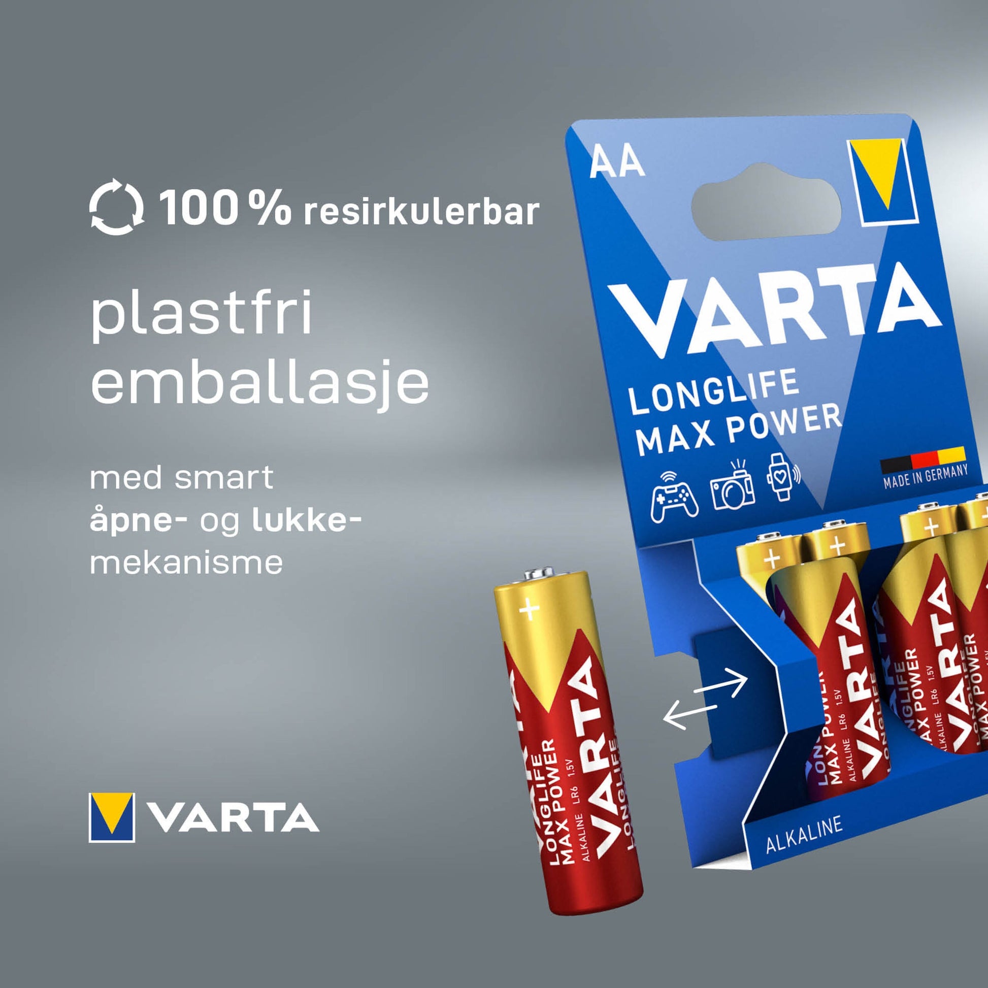 Varta Longlife Max Power AA-batterier 4-pak, plastfri emballage, et batteri synlig, tydeligt Varta-logo.
