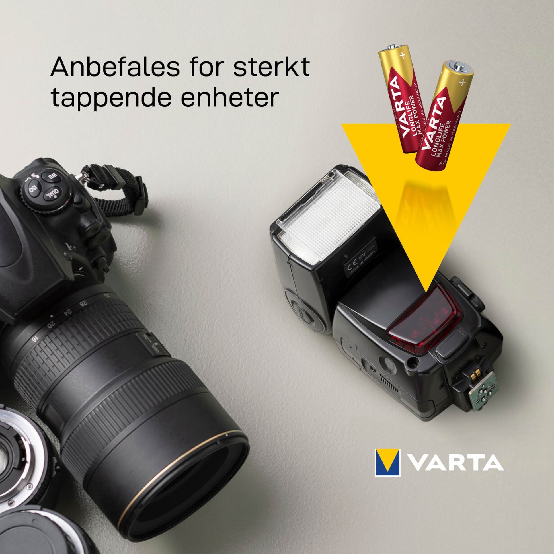 Varta Longlife Max Power AA-batterier 4-pak, Varta-logo og norsk tekst "Anbefales for stærkt tappende enheder.
