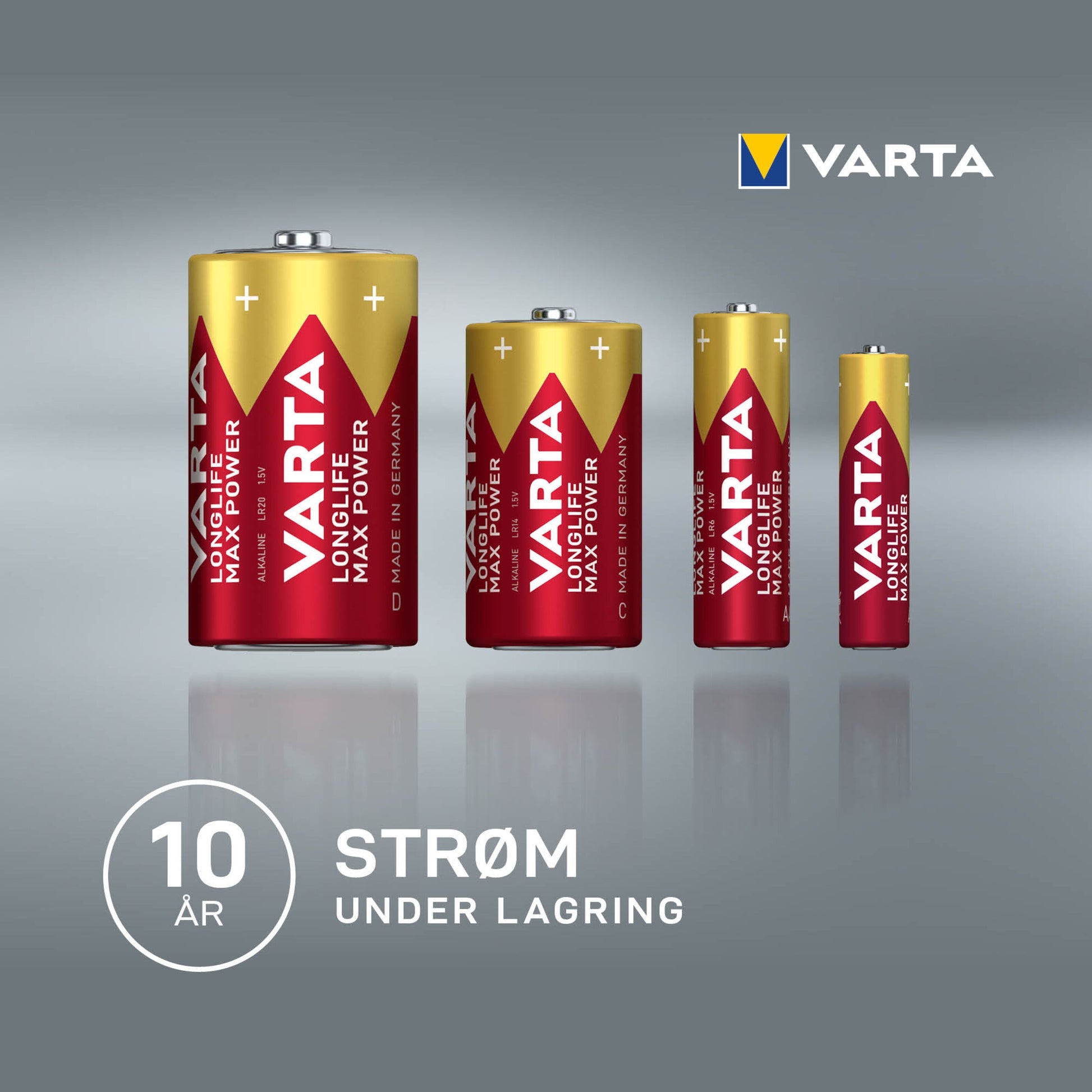 Varta Longlife Max Power AA-batterier 4-pak guld og rød design alkaline op til 10 års lagring.