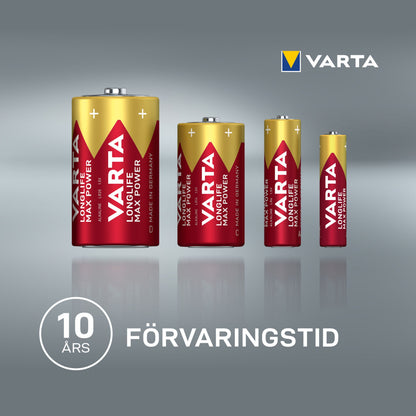 Varta Longlife Max Power AA-batterier 4-pak med Varta-logo og teksten "10 ÅRS FÖRVARINGSTID" på emballagen.