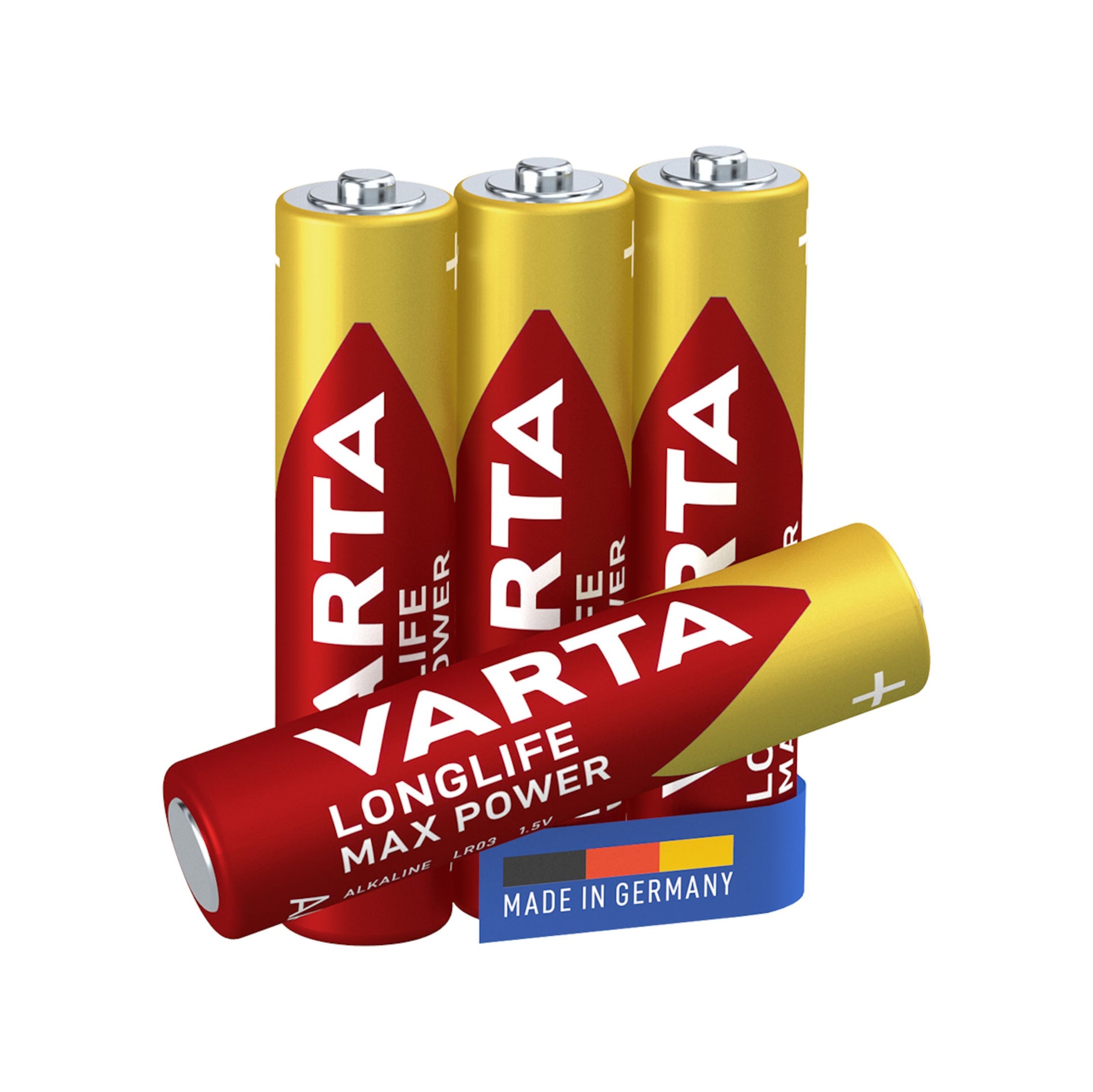 Varta Longlife Max Power AAA batterier 4-pak, tre stående og ét liggende, røde/gule etiketter, Made in Germany-logo.